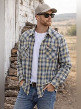 Wrangler Plaid Shirt XL Yellow Blue Lightweight Western Button Up